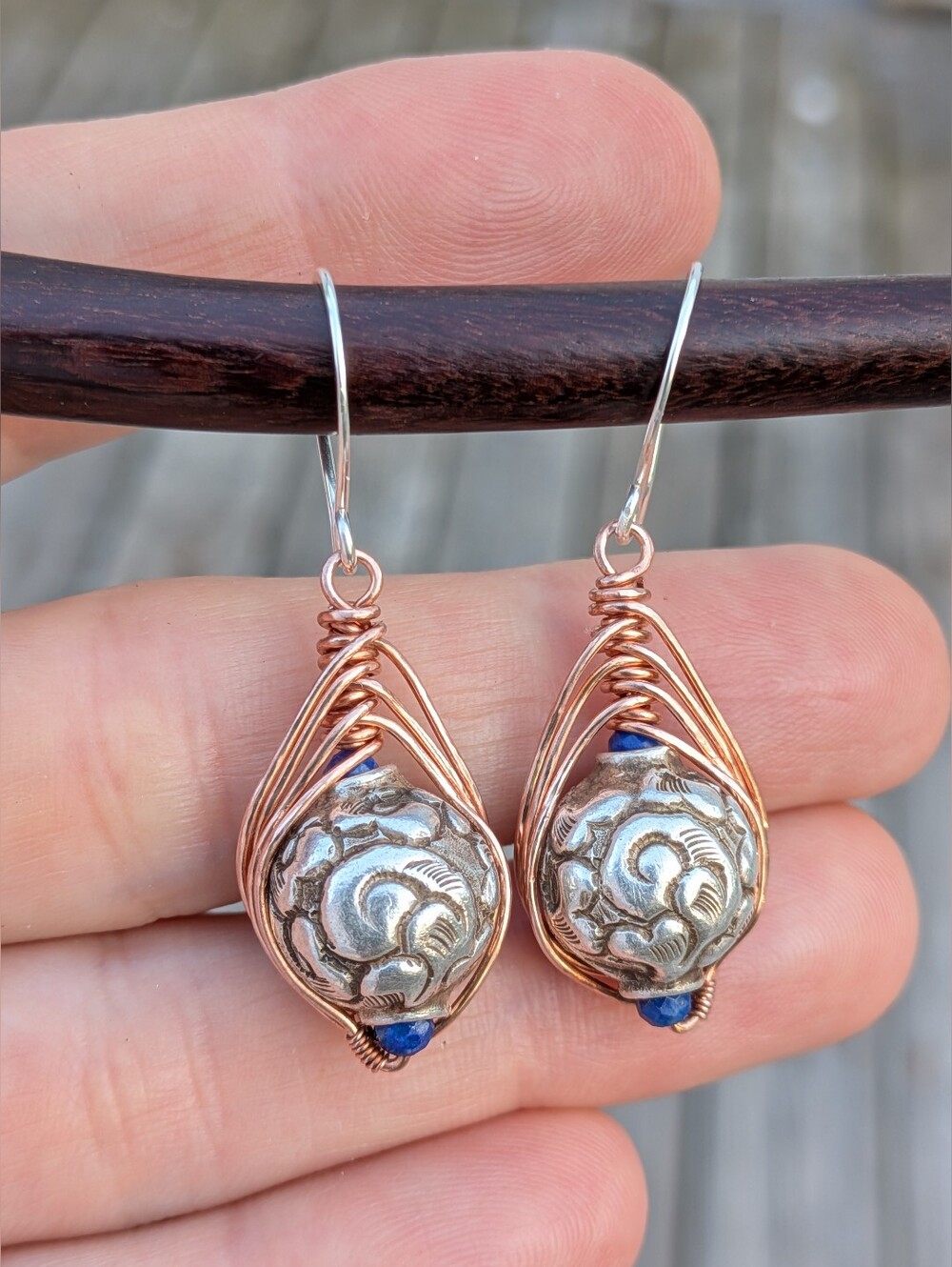 Artisan Repousse Earrings- Mixed Metal with Sterling Silver Hooks - Picture 4 of 11